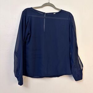 Yi Lu Sheer Blouse Chiffon Scoop Neck Long Sleeve Navy Blue Large